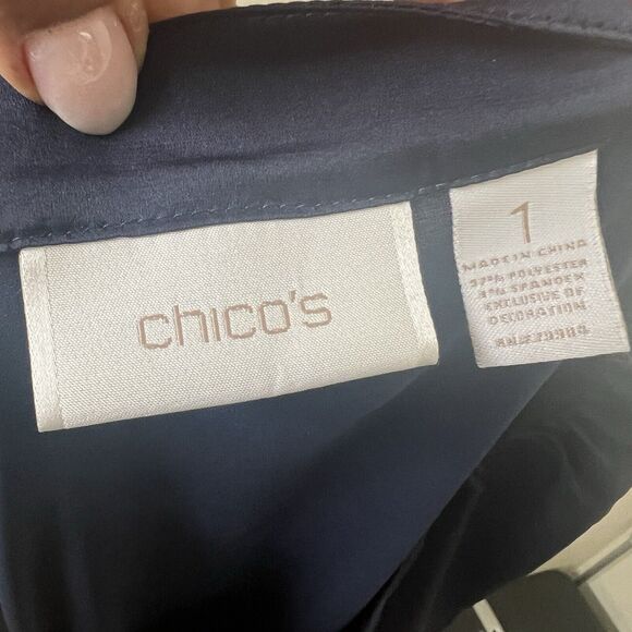 Chico’s Silky Sequin V-Neck Beaded Blouse Navy Bronze Size 1/Medium Elegant - Picture 10 of 13